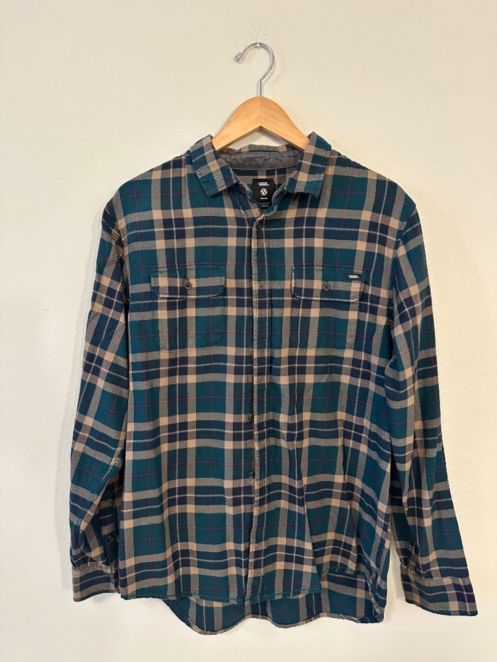 Vans Plaid Flannel Shirt Men's Medium Classic Fit Green Blue Button Up Cotton